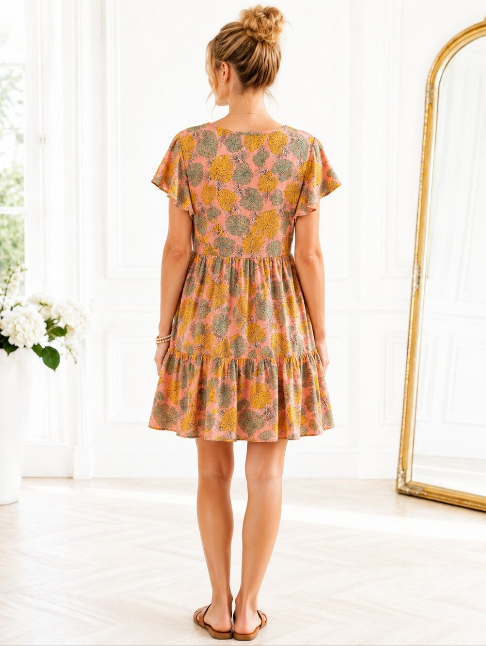 SHEIN Curve Floral Babydoll Sundress | Pink Flutter Sleeve Mini Dress | Size 1XL - Picture 2 of 8